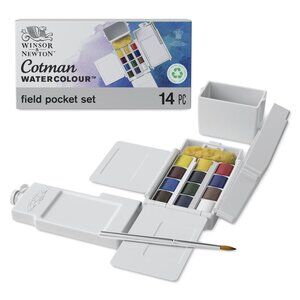 Cotman Watercolor Paint Set, Field Pocket Set, 12 Half Pan w/ Brush, Sponge
